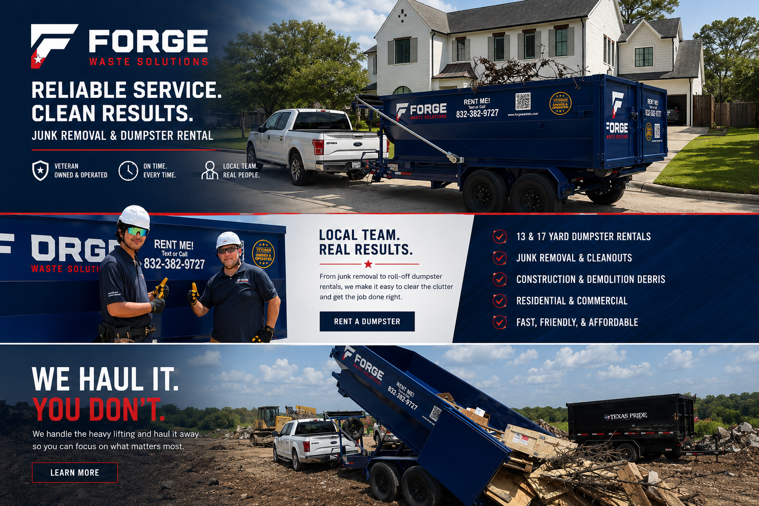 Forge Waste Solutions full-width service overview featuring the local team, residential dumpster rental, and junk removal disposal